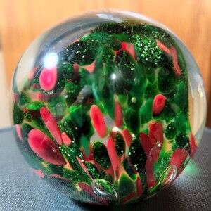 Blown Glass Paperweight Clear over Green Red Christmas Colors 3 in.